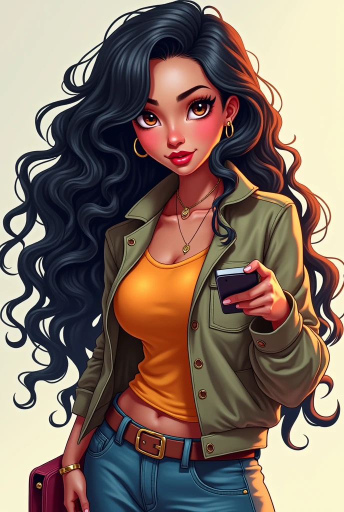 woman with long hair, very curly and frizzy and black, rosy lips, Brown eyes, fat and wide face, woman with cell phone in hand, gamer clothes, styled, Disney movies