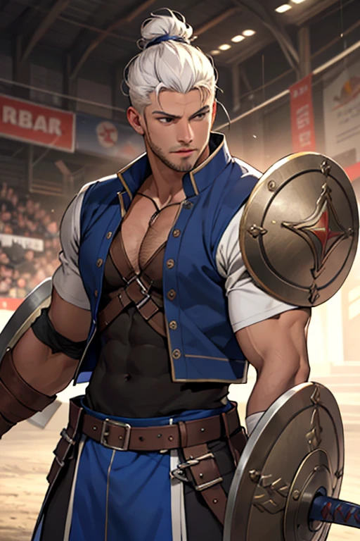 sexy buff gay, man, 20 age, white hair in hair bun, in gladiator vest carrying sword and shield in arena