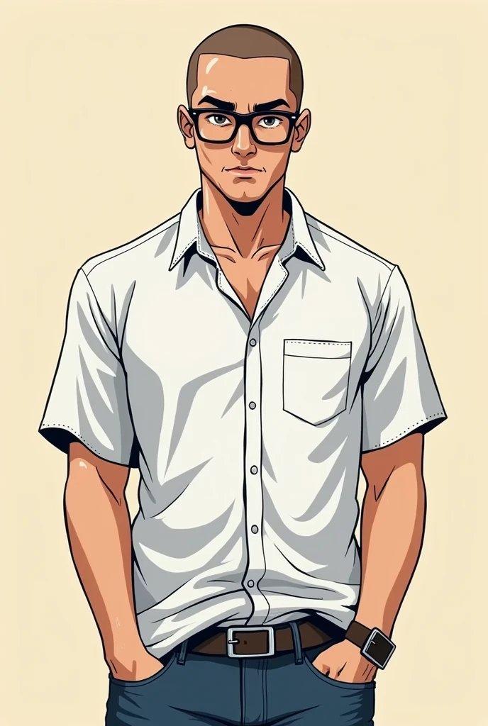 a man with a buzz cut, wearing glasses (modern nerd), in a white shirt, Otaku in Jeans, gojo satoru, hot, otaku, by André Castro, cartoon
