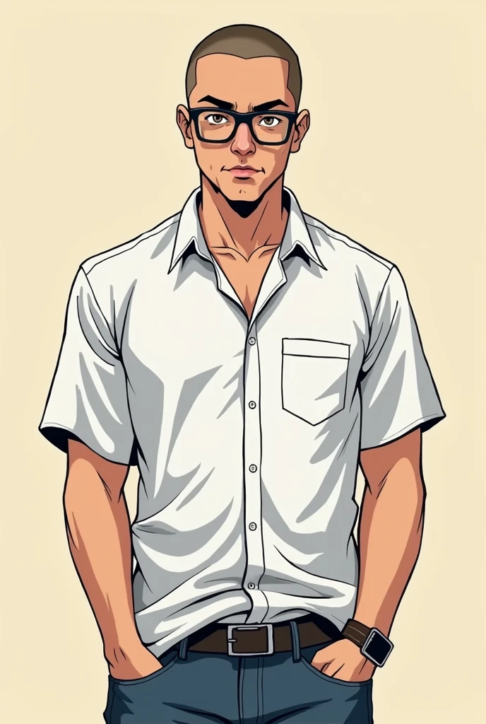 a man with a buzz cut, wearing glasses (modern nerd), in a white shirt, Otaku in Jeans, gojo satoru, hot, otaku, by André Castro, cartoon