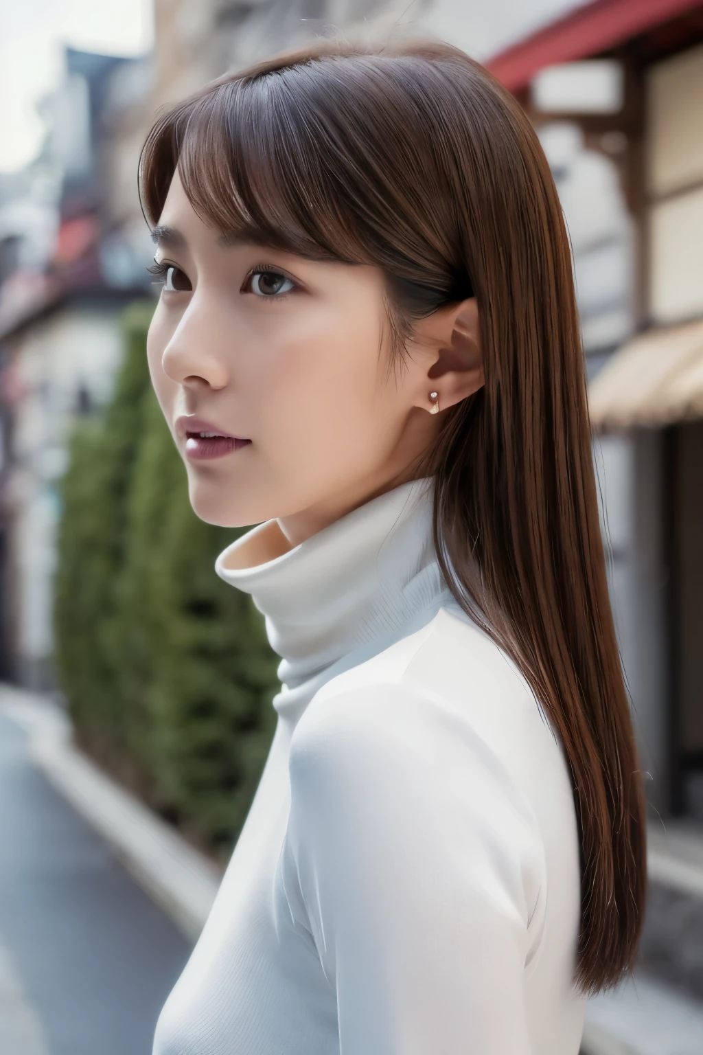 ((top-quality, in 8K, masterpiece:1.3)), Beautiful Japanese woman, perfect body:1.4, Slim abs:1.2, ((Straight hair:1.2)), (turtle neck:1.1), (a street:1.2), wetbody:1.5, Three-dimensional texture, A detailed eye, Brown hair, very thin waist, posterior view, looking back to the viewers