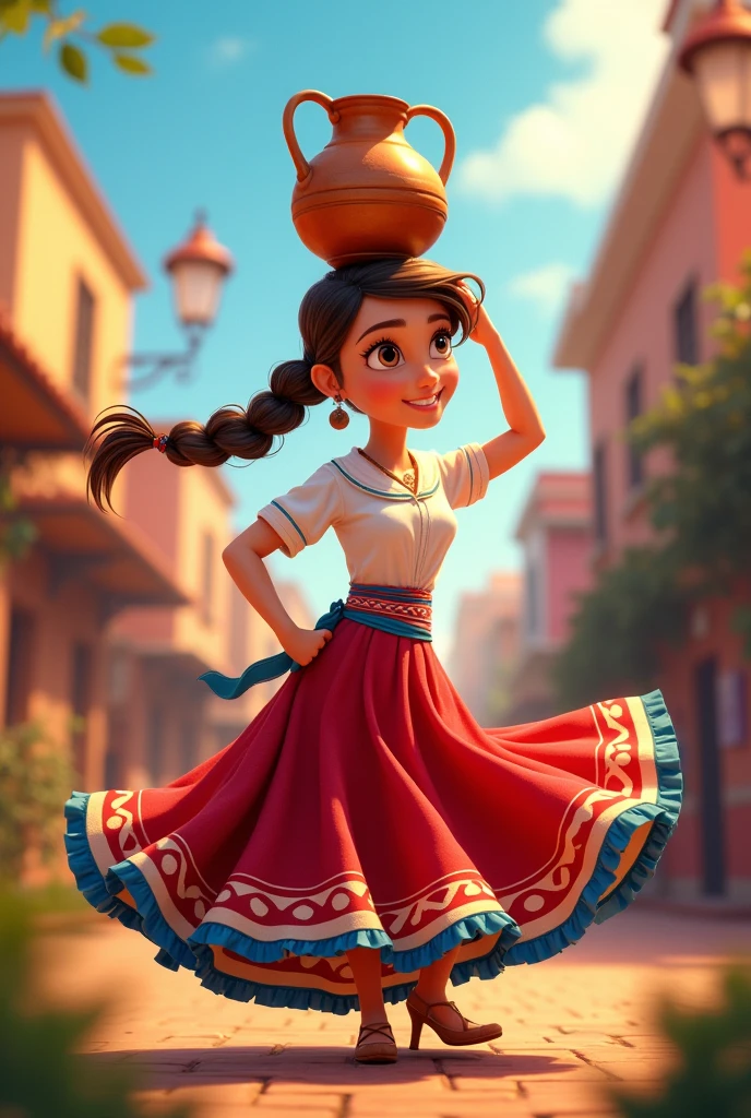 Poster of a Pixar character in a typical Paraguayan costume, wearing a white blouse, dancing with brown hair in a braided ponytail and a jug on her head, Brown eyes, Clothing white blouse with long tricolor skirt red on top, white and blue below.
