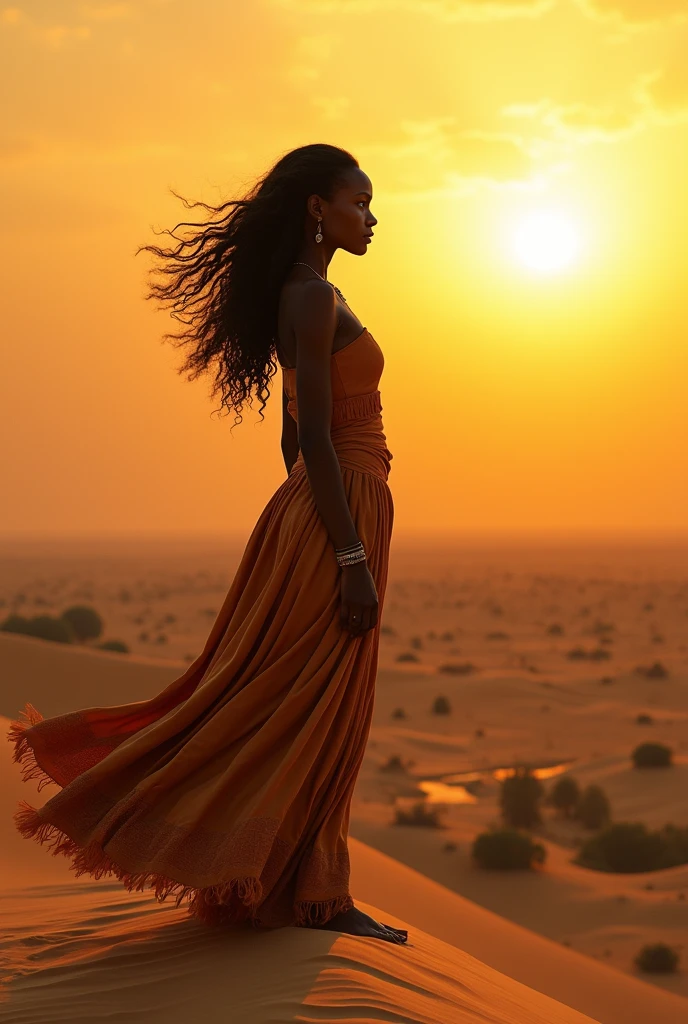 femme africaine en haut d'une dune de sable dans le desert, le regard vers nous, cheveux au vent, jolie payage avec un oasis en fond, soleil couchant