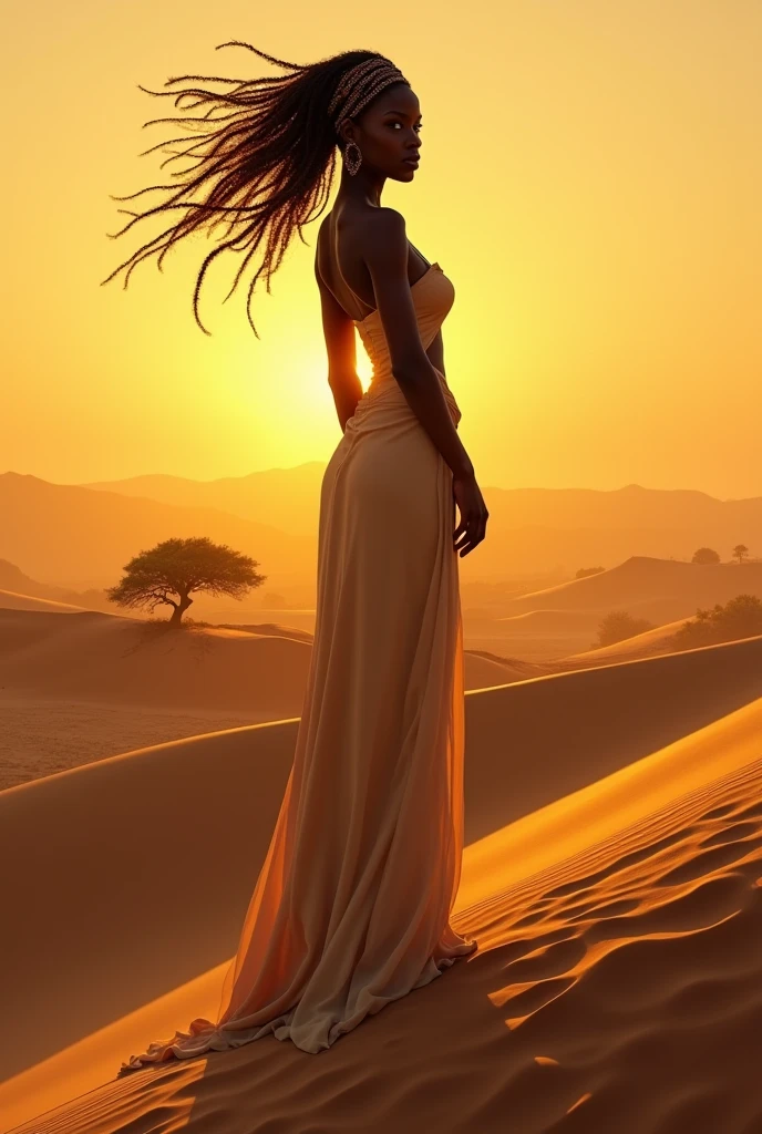 femme africaine en haut d'une dune de sable dans le desert, le regard vers nous, cheveux au vent, jolie payage avec un oasis en fond, soleil couchant