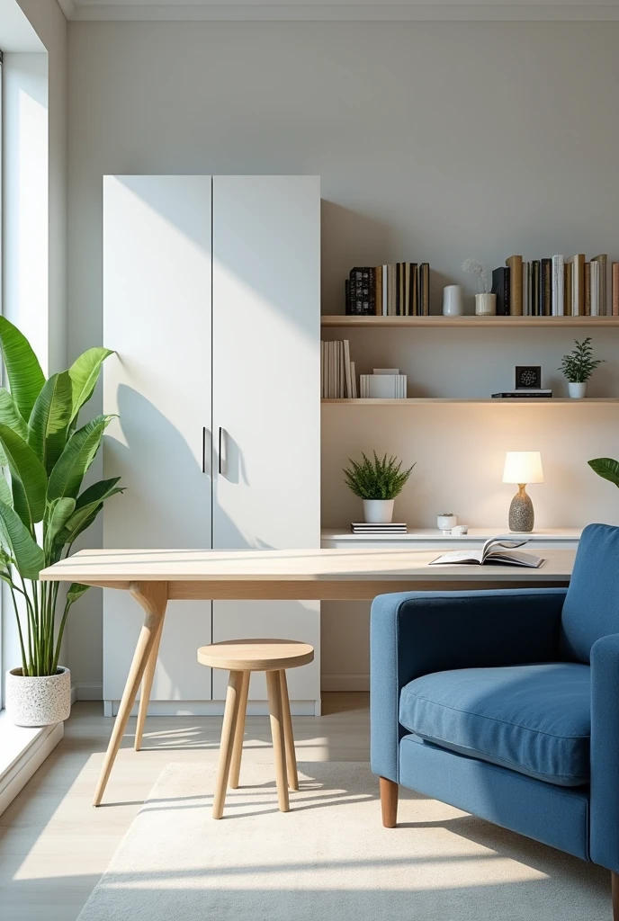 an office with an L-shaped desk facing the window, with a minimalist style white wardrobe, with good lighting, with a comfortable blue sofa, shelves on the wall with books and plants