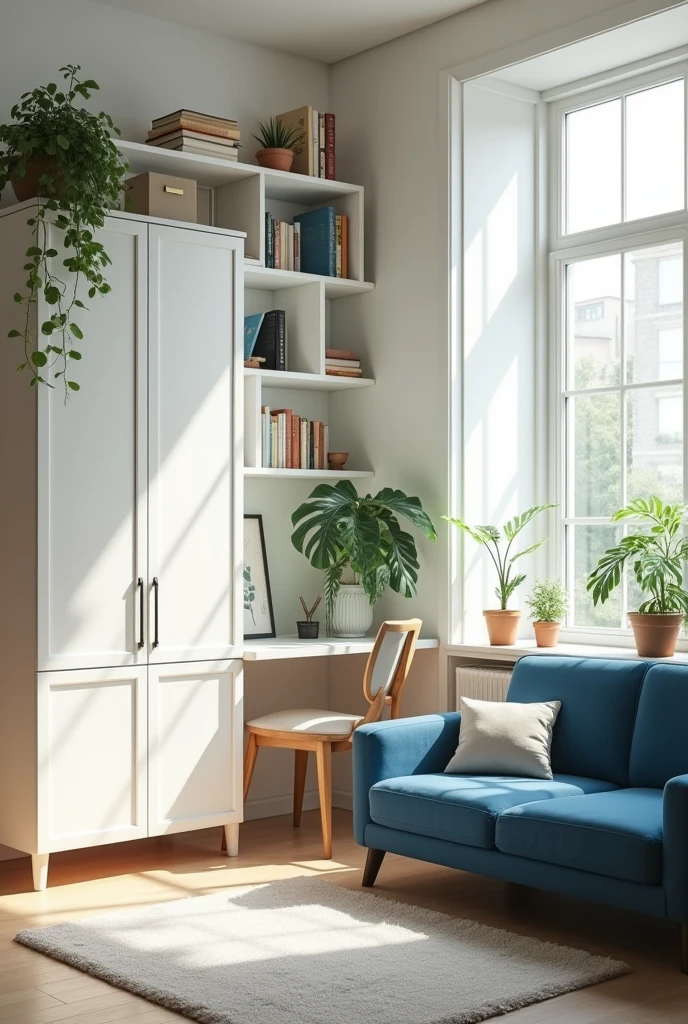 an office with an L-shaped desk facing the window, with a minimalist style white wardrobe, with good lighting, with a comfortable blue sofa, shelves on the wall with books and plants