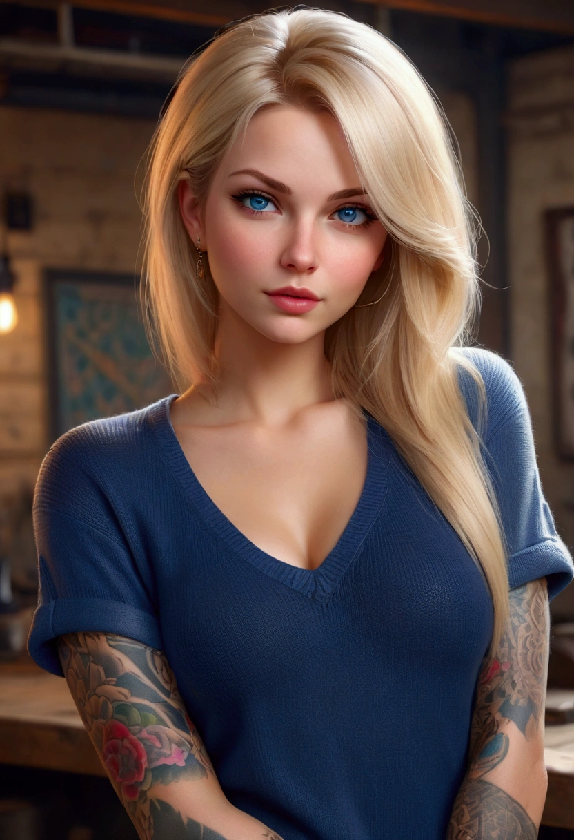 selfie, wink, pretty woman, baby face, attractive and seductive expression, shy, straight blonde hair, forehead, trick, blue eyes, superlative body proportions, covered in tattoos, wear a loose knit shirt, tight leather pants, engineer's boots, artistic, hyper, graphic, CG digital art