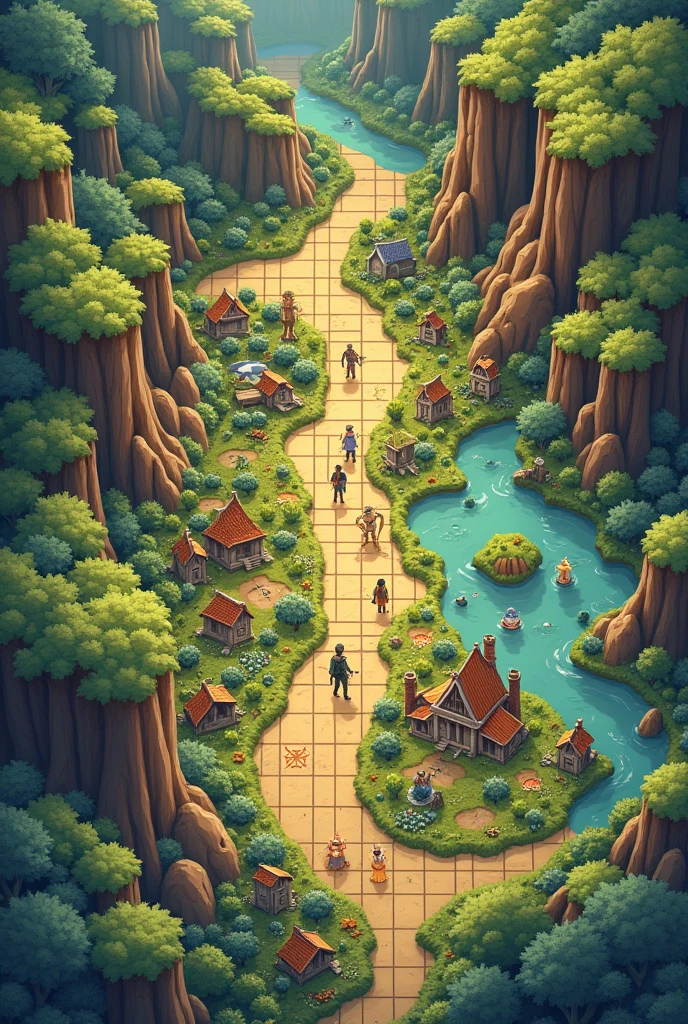 Map of a tabletop RPG game, open world, top view with squared cubes, of a 2d game, more 2d board