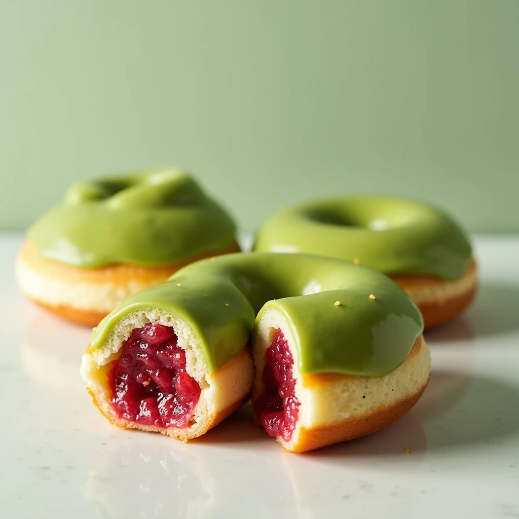 Matcha Donuts with Raspberry and Wasabi Filling: Matcha glazed donuts, filled with a raspberry mixture and a subtle touch of wasabi.

