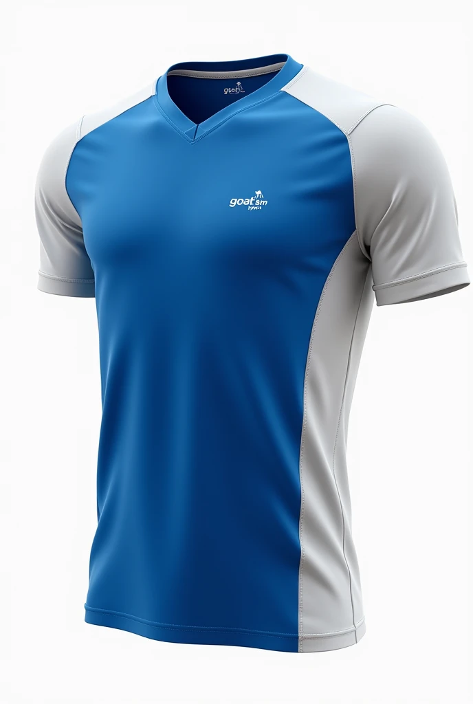 V-neck running t-shirt, in blue in the center that says in small letters GOAT SM SPORT, On the sides a white color and on the edge a white color for men