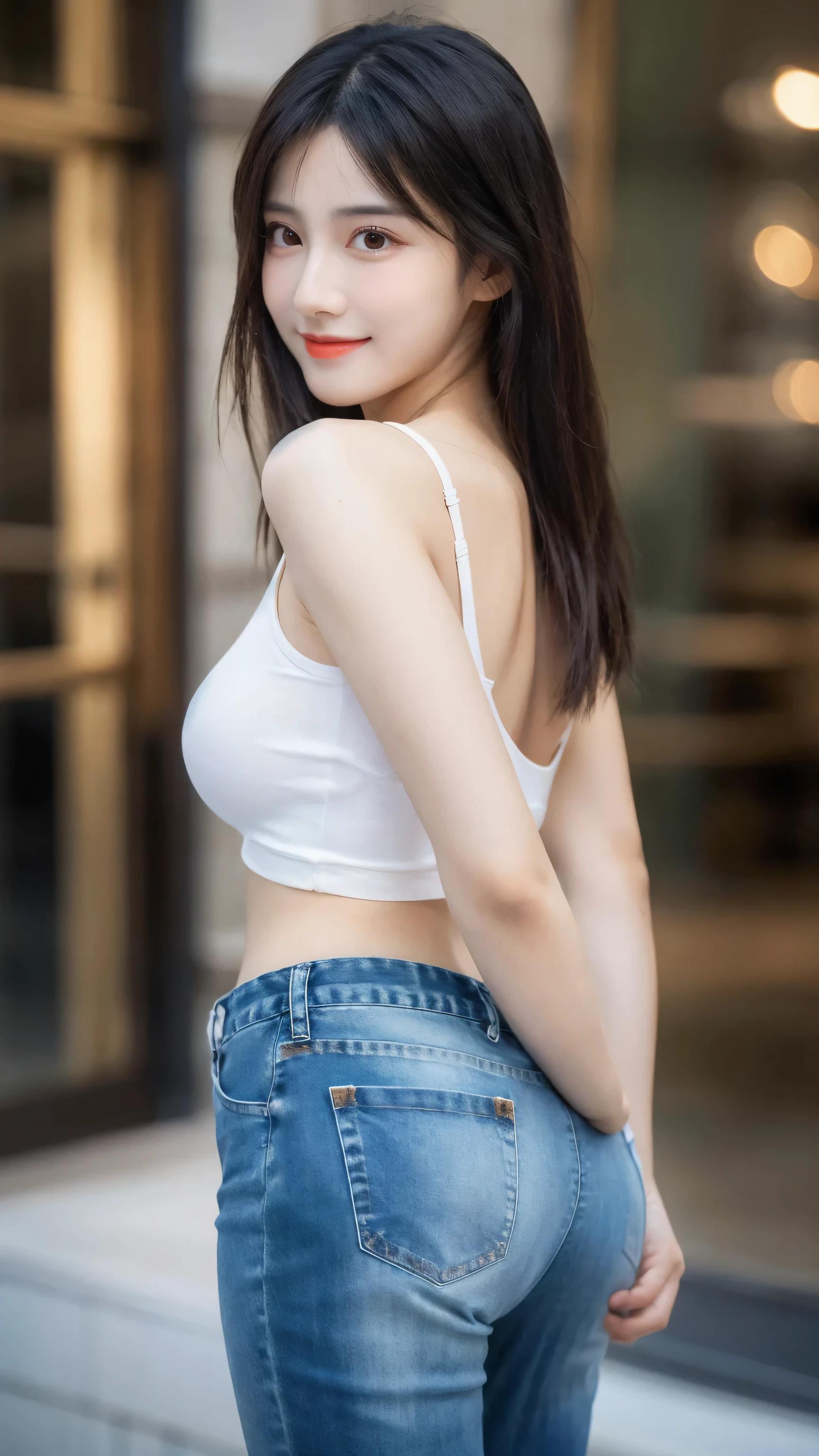 (8k, RAW Photo, Best Quality, Masterpiece:1.2), table top, Ultra Detail, Super Resolution, (Realistic, Realistic Photo:1.37), Portrait, High Detail RAW Color Photo, Professional Photo, Extremely Detailed and Beautiful, Extremely detailed, 8k wallpaper, amazing and detailed, huge file size, official art, highly detailed CG unity 8k wallpaper, highly detailed beautiful girl, highly detailed face, highly detailed eyes, highly detailed skin, highly detailed fingers, highly detailed nose, very detailed detailed mouth , perfect anatomy, highly detailed background, highly detailed clothes, 1girl, ,cute girl, realistic body, fair skin, glowing skin , slim body, handsome body, black hair , Semilong hair, (blunt bangs:1.2), smile, cute, youthful, cute face, realistic face, delicate eyes, drooping eyes, looking at viewer, (from behind), standing posture, Contraposto, dynamic lighting, (big breasts), (Perfect Body Proportions), (slender Body Proportions), tank top, jeans,