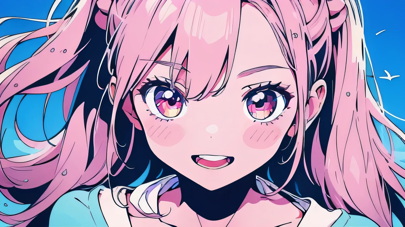 (masterpiece, Highest quality), one cute girl, the girl wearing (summer casual and cute clothes),  (pink long hair, layered hair) and (pink eyes), medium breasts, hair scrunchie, :d, summer sky, (((bold outline))),  Vector art, flat color,