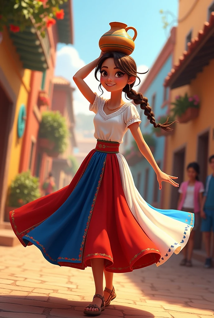 Poster of a Pixar character in a typical Paraguayan costume, wearing a white blouse, dancing with brown hair in a braided ponytail and a jug on her head, Brown eyes, Clothing white blouse with long tricolor skirt red on top, white and blue below.