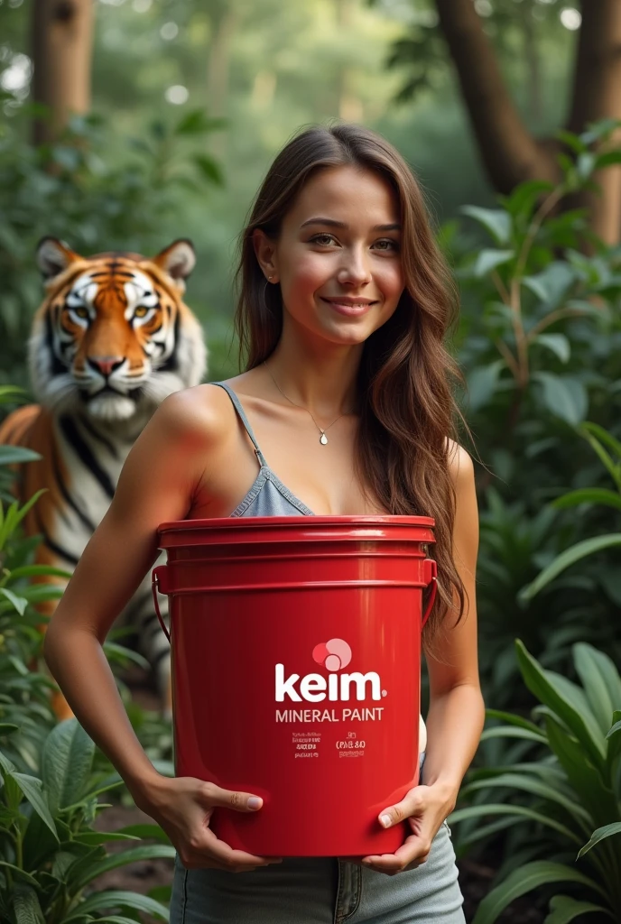 Beautiful australian girl posing wirh a red paint bucket branded “keim”, “mineral paint” background is green plants, sustainability, lush forest, beautifuk tiger chill in the background