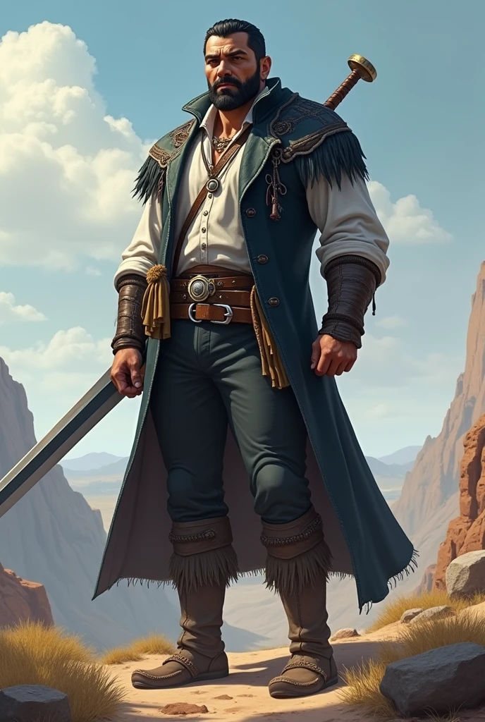 He is a tall indigenous man, 2 meters tall, with short dark hair and a square face without a beard. His eyes are wolf-like and one of them is closed with pointed ears with earrings. He wears a dark overcoat with a white shirt underneath in a formal style, with a strong physique. A large sword is strapped to his back. I would like the art in a fantasy RPG style. In the Old West