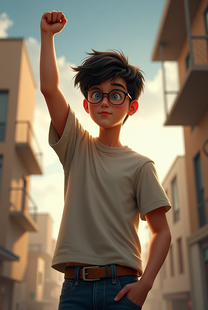 A boy with glasses named Salvatore Marciante raises his left arm