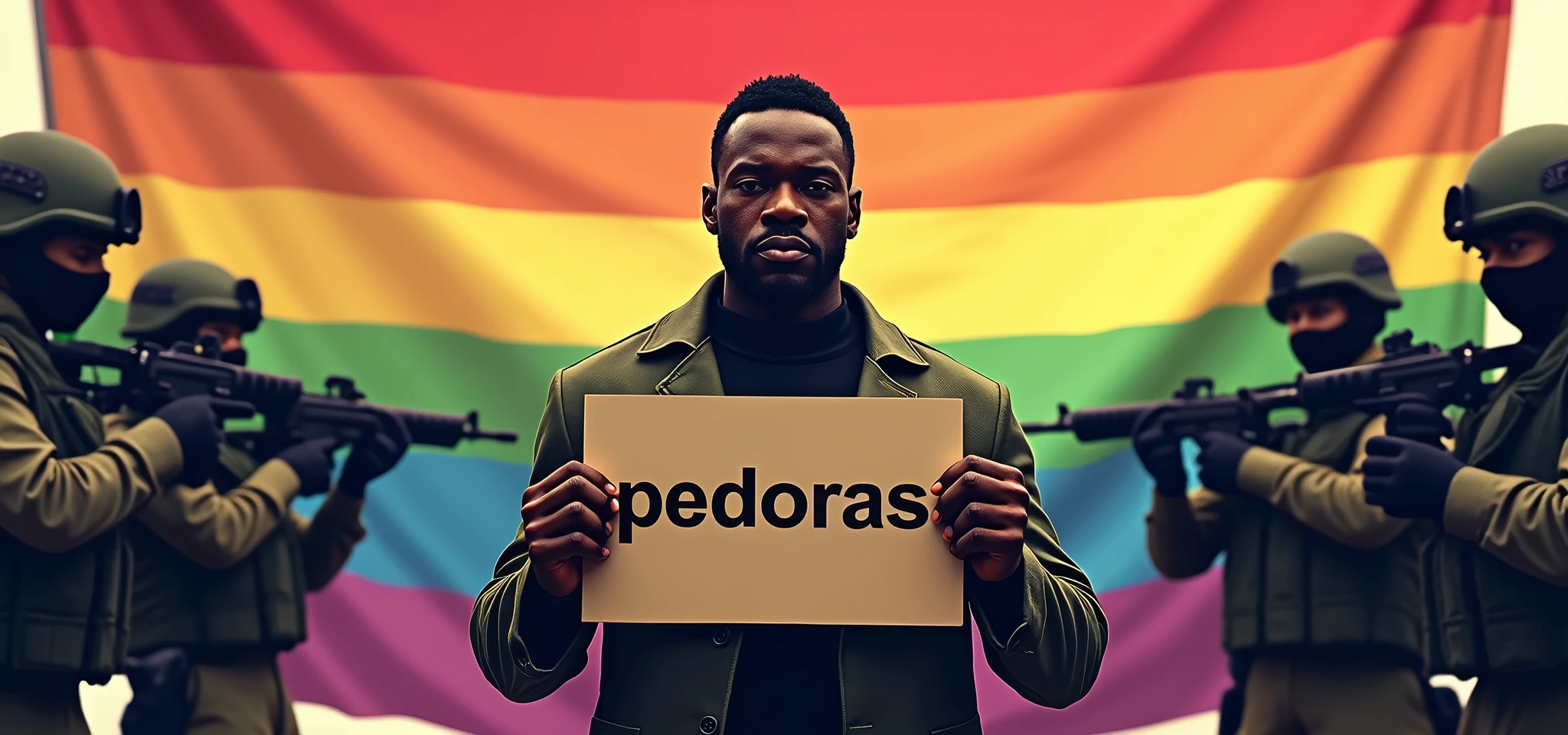 a black man shows a sign with the inscription "pedoras", against the backdrop of the LGBT flag and a special forces group aiming machine guns at him