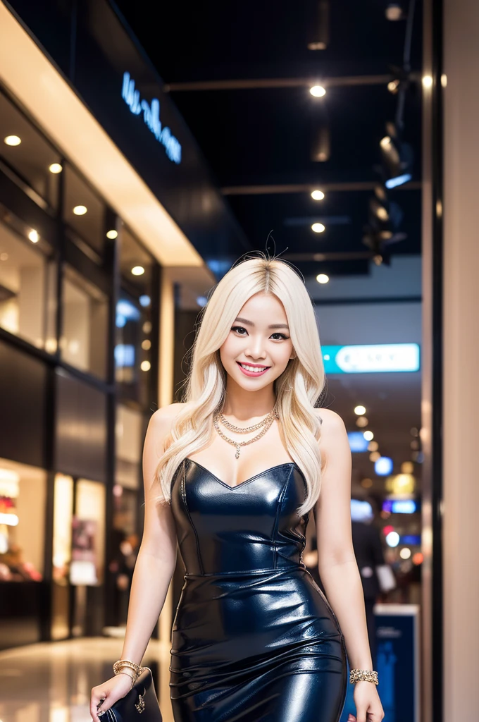 a beautiful young thai woman with a happy smile, wearing dramatic makeup, shiny platinum blonde hair, a dark blue leather business style dress, sparkling large necklace and bracelets, in a shopping mall, gyaru style