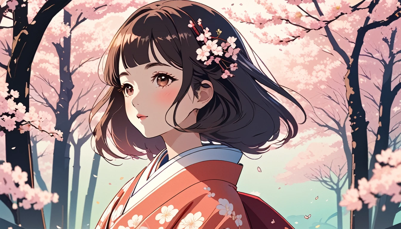 Woman in kimono、Background is cherry blossoms、Wide-angle lens, Lofi Anime, Lofi illustration, Aesthetic atmosphere, Lo-Fi Style, Vector art, Flat Design, Simple shape, Warm tones, Pleasant atmosphere, Chill, In anime style, Digital drawing, Vector art, Vector logo for t-shirt printing, (Adorable:1.5), (small:1.4), (Playful:1.2), (soft:1.3), (Whimsical:1.1), masterpiece, Highest quality, 8k, Intricate details, grow, Celestial, Mysterious, Picturesque, amazing, Majestic, Magic, Fantasy art, Cover art, dream-like