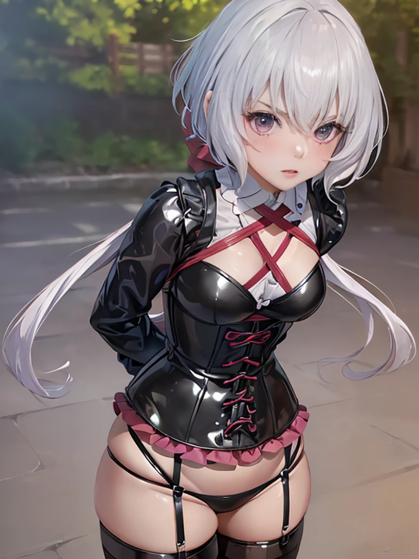 (Morning Park), (shibari), ((Put your arms behind your back)), (((Highest quality, 8k, masterpiece: 1.3)), Sharp focus: 1.2, Japanese women: 1.4, A little chubby: 1.2, (Silver Hair）,  Wet body: 1.5, Highly detailed face and skin texture,  bondage,slave,Rubber, Black corset,bondage