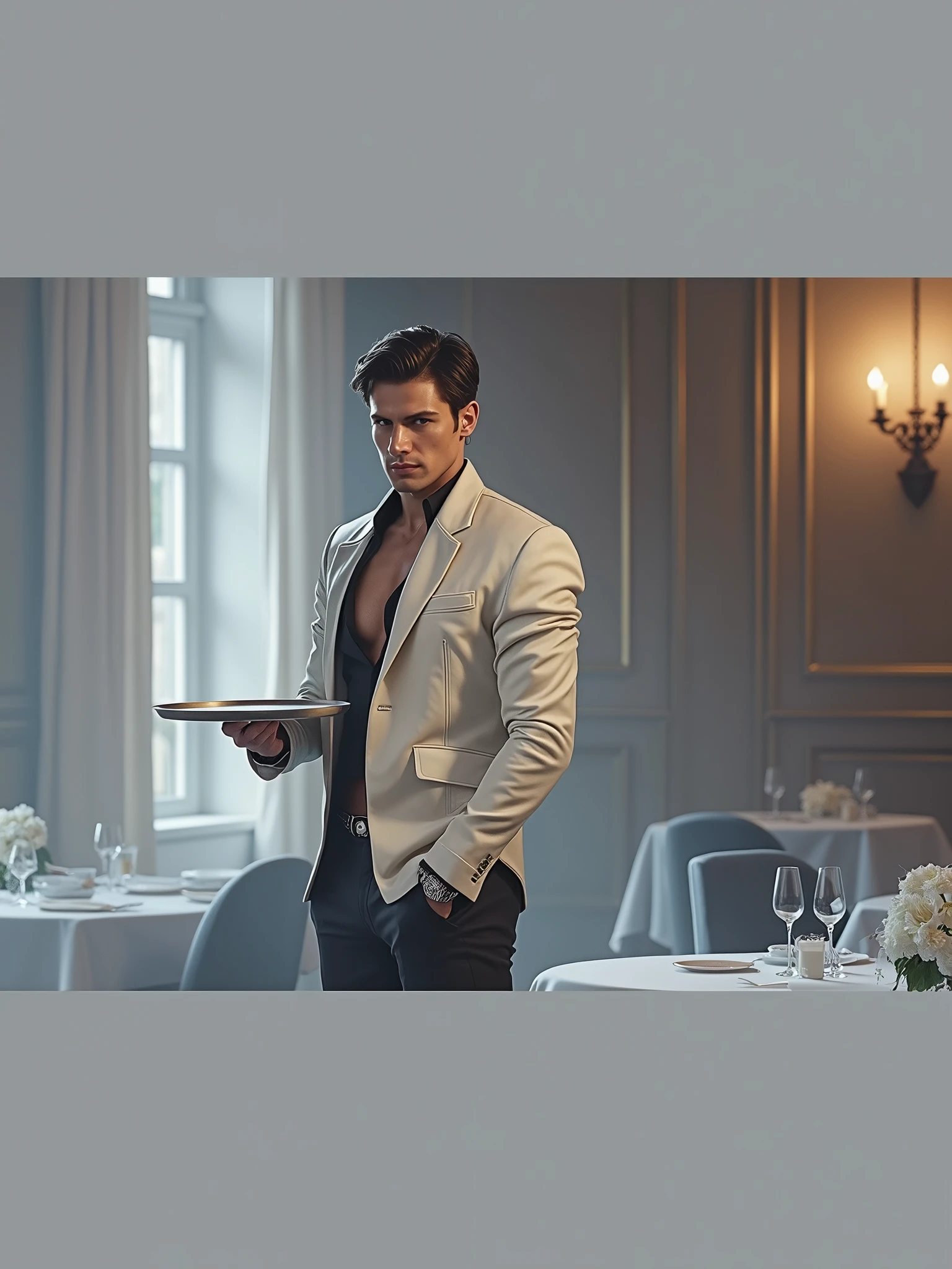 Make this man in waiter's outfit erotic