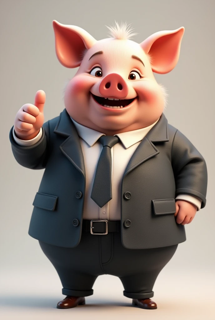 Friendly adult male pig in suit and tie giving thumbs up