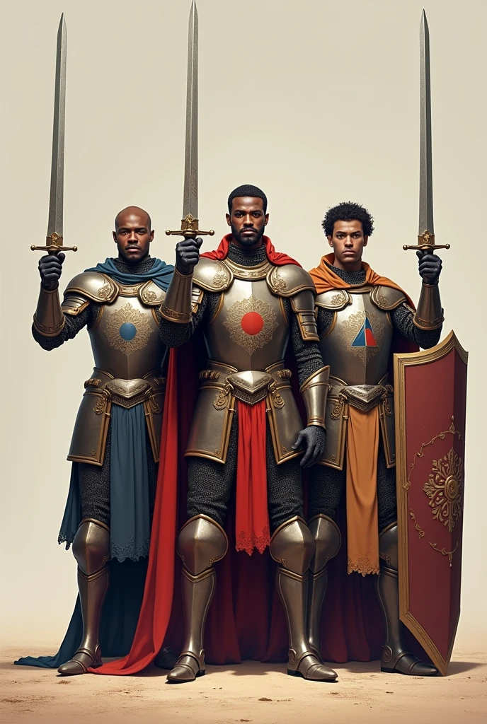 Three diferent etnic and culture knghts side by side raisings his swords above his hrads and holding their shields in front their chests