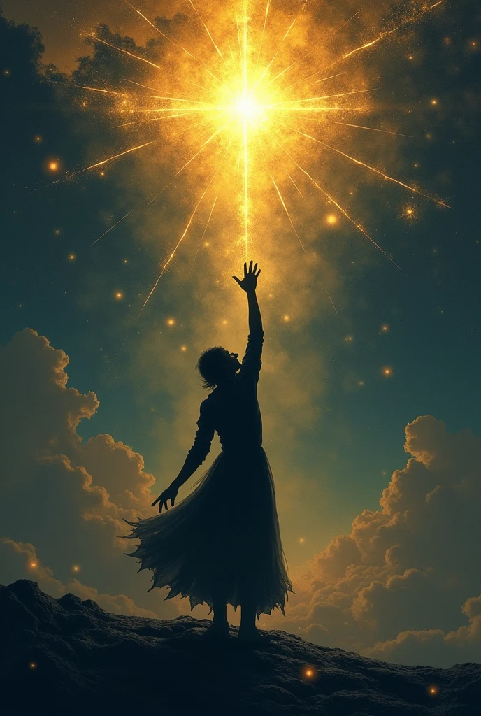 Create a cover for a book with a shadow trying to catch a floating star in the dark, bright golden sky