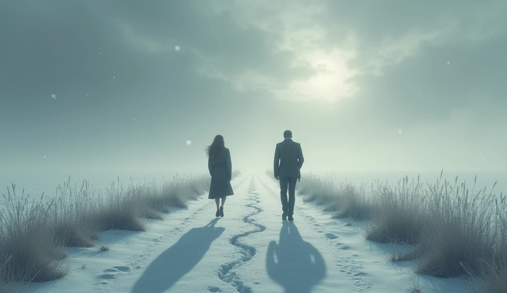 A SCENE OF COLD GREY TONES, WITH A MELANCHOLIC THEME OF A LANDSCAPE WITH GREY SKY AND SNOW, close up of a "V" shaped path, an Italian woman with her back turned walking on a path that goes to the left and an Italian man with his back turned walking on a path that goes to the right, a shadow of a heart split in half on the floor as his shadow and her shadow are reflected on the path, WHILE SNOWFLAKES FALL