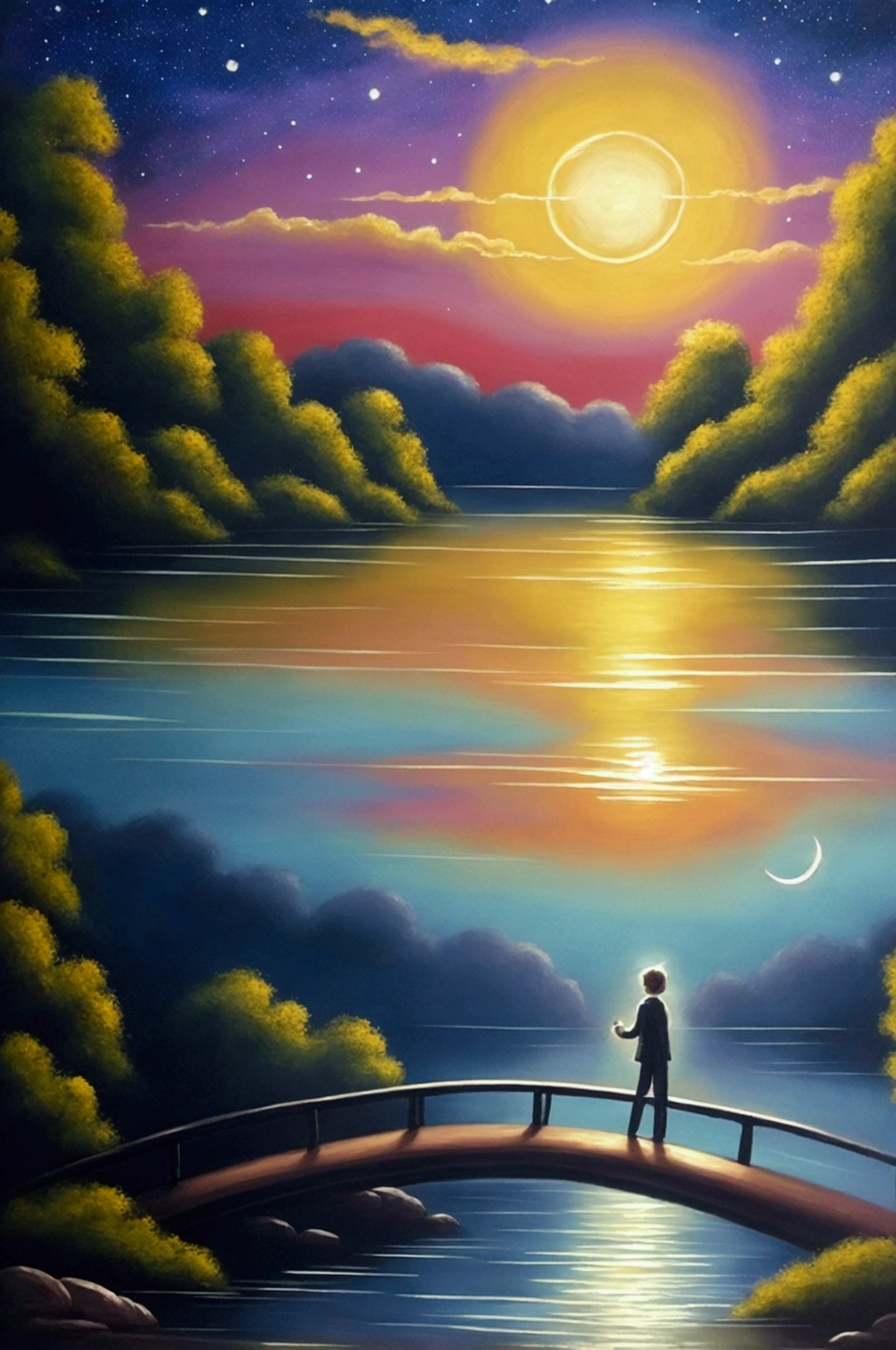 Depict a person standing on a bridge overlooking a calm river at dusk. The sky is painted with soft, fading light, and a single, bright star is beginning to appear. The person holds a small, glowing pendant near their heart, symbolizing the simplicity and power of positive change within. Reflected in the water below is not just the sky, but also a faint image of a shining star, representing their own inner light. The mood of the scene should be peaceful, reflective, and full of quiet determination