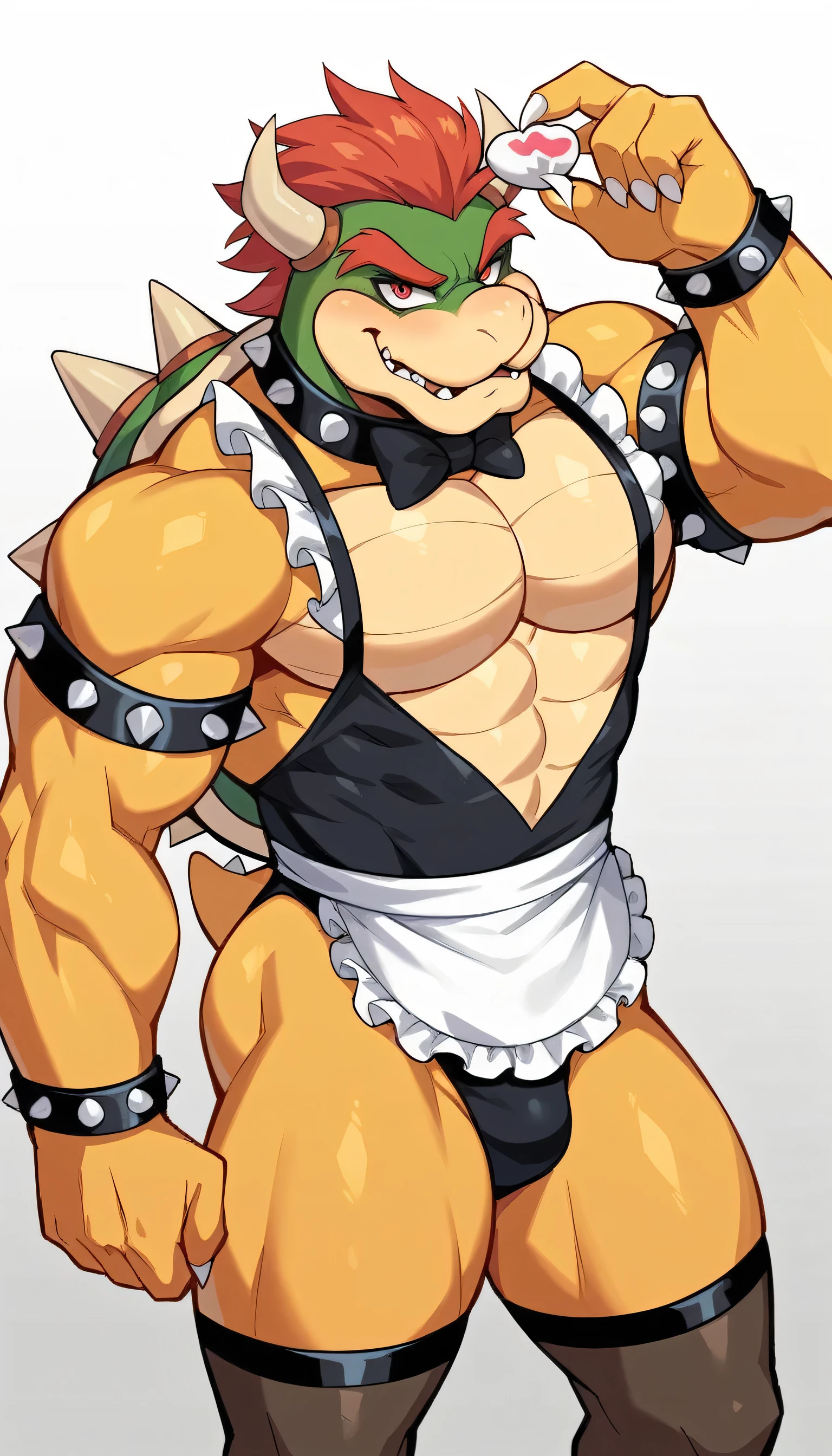 A sultry image! King Bowser, the Koopa king, stands confidently in a provocative pose, donning a revealing pink maid outfit. The tight-fitting uniform accentuates his muscular build, while the frilly apron and matching hat add a touch of whimsy to his menacing demeanor. Soft lighting casts a flattering glow on his scaly skin, with the subtle shadows highlighting the contours of his powerful physique. In the background, a hint of Mushroom Kingdom's lush greenery can be seen, contrasting the bold colors of Bowser's attire. The overall composition is playful yet alluring, inviting the viewer to gaze upon this unexpected fusion of power and sensuality.