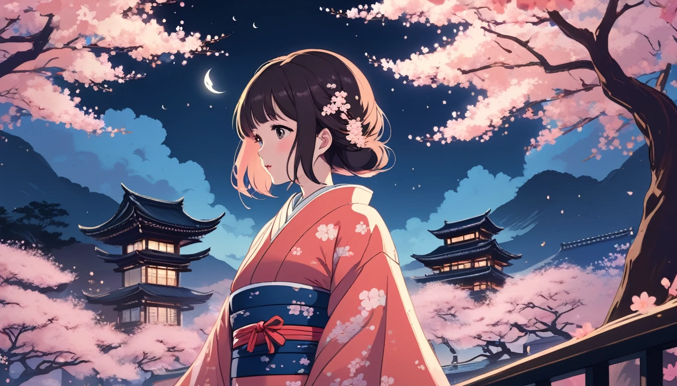 Woman in kimono、The background is cherry blossoms at night、Wide-angle lens, Lofi Anime, Lofi illustration, Aesthetic atmosphere, Lo-Fi Style, Vector art, Flat Design, Simple shape, Warm tones, Pleasant atmosphere, Chill, In anime style, Digital drawing, Vector art, Vector logo for t-shirt printing, (Adorable:1.5), (small:1.4), (Playful:1.2), (soft:1.3), (Whimsical:1.1), masterpiece, Highest quality, 8k, Intricate details, grow, Celestial, Mysterious, Picturesque, amazing, Majestic, Magic, Fantasy art, Cover art, dream-like