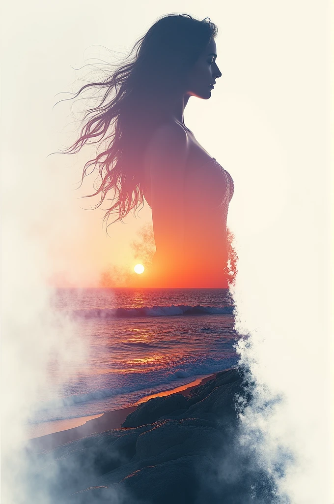 high quality, 8K Ultra HD, A beautiful double exposure that combines an goddess silhouette with sunset coast, sunset coast should serve as the underlying backdrop, with its details incorporated into the goddess , crisp lines, The background is monochrome, sharp focus, double exposure, by yukisakura, awesome full color,