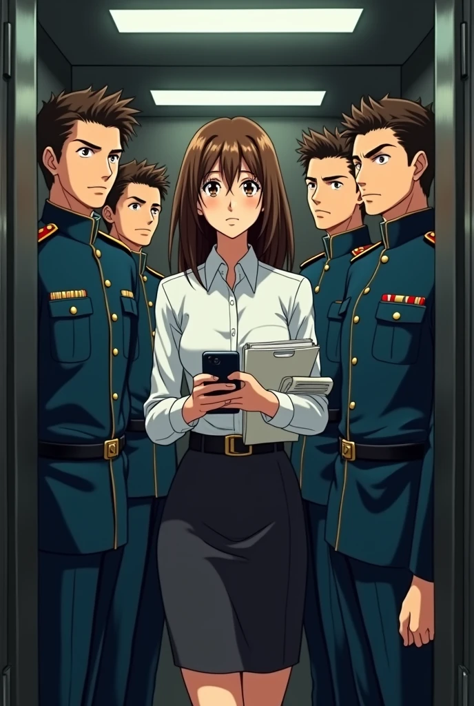 Anime brown haired lady in a proper skirt holding paper works amd phone suddenly got stuck in elevator with lots of HANDSOME BL CHARACTERS IN SOLDIER SUIT