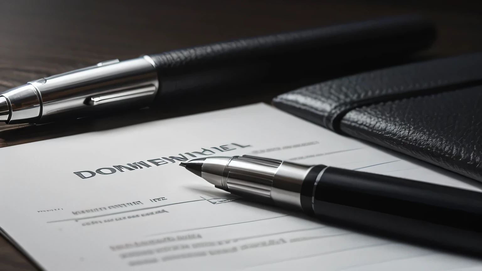 Create a highly realistic 3D image of a work document placed next to a dark silver pen. The document should have visible text and elements that suggest it's related to work or business. The pen should have a sleek, metallic texture, reflecting light subtly. The background and overall scene should be high contrast, with the document and pen standing out prominently. The lighting should emphasize the textures of both the paper and the pen, ensuring a polished and professional look that makes the elements the focal point of the image, perfect for use in a PowerPoint presentation