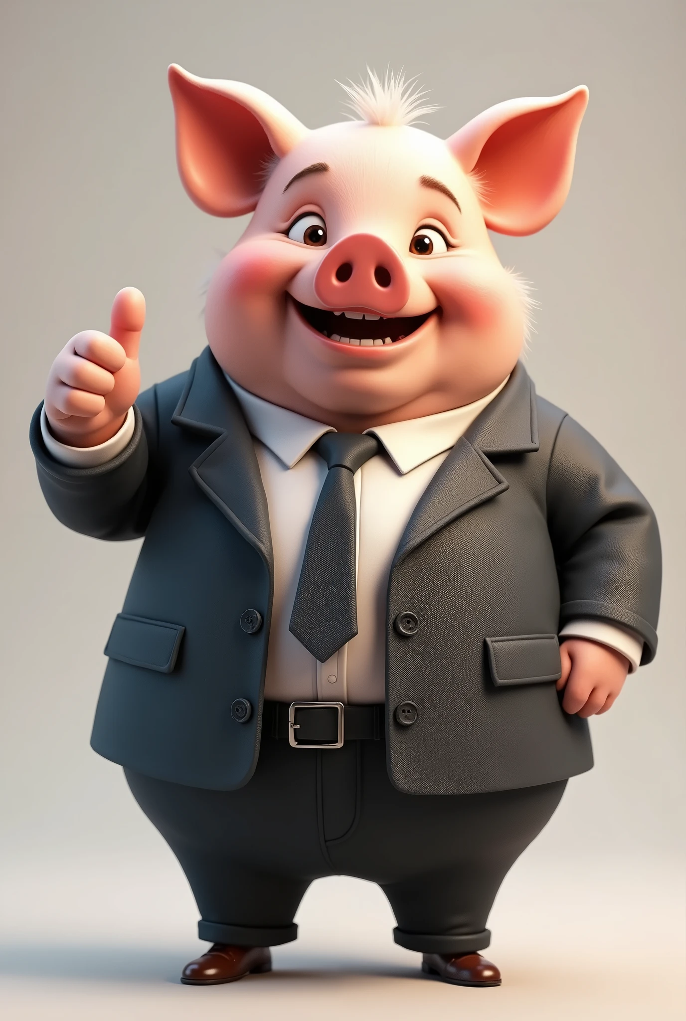 Friendly adult male pig in suit and tie giving thumbs up