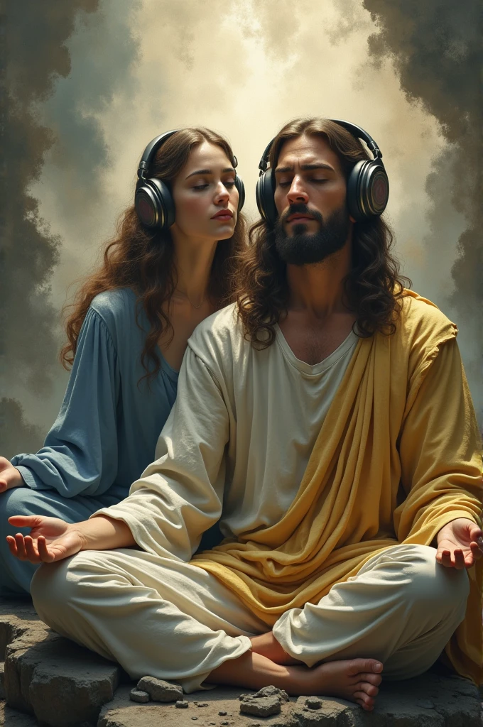 Image of a woman meditating with Jesus wearing headphones and with her eyes closed, with a serene face like Jesus' and the surroundings representing disorder and chaos