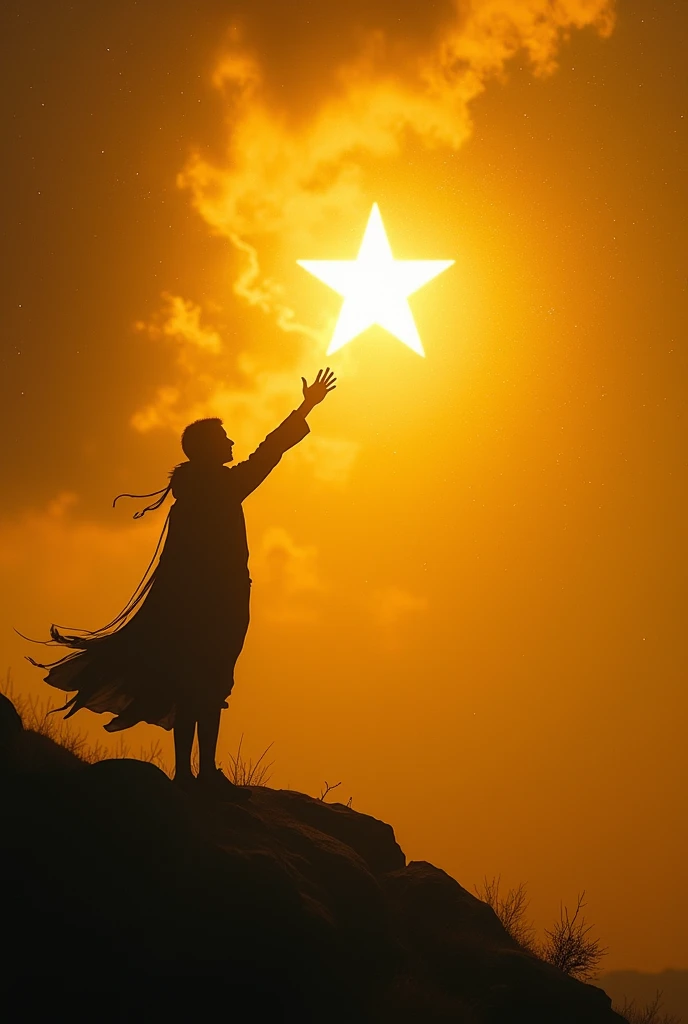 Create a striking book cover with a shadow trying to catch a floating star in the dark, bright golden sky.