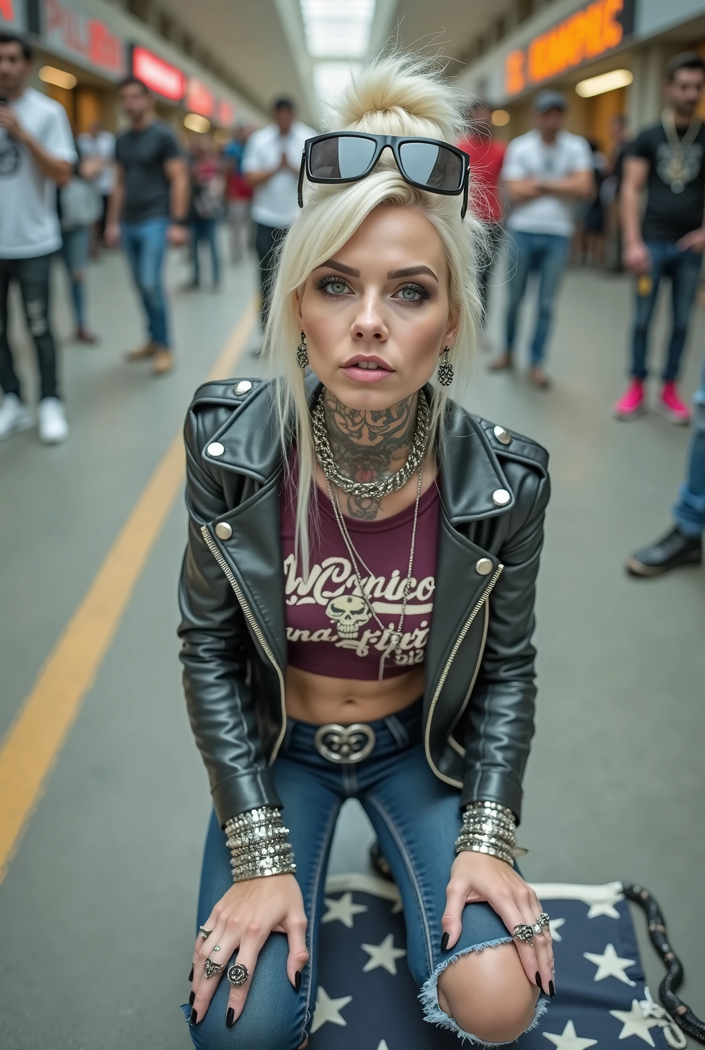 russian old milf woman, , blonde platinum hair (beehive bun) and oversized square sunglasses as headband), with very light green eyes, extremely pale. Wearing studded, padded shoulders, cropped black moto jacket (zippers on the side. dark burgundy push up t-shirt with skull and wings logo and gothic lettering,, dark skinny low rise blue jeans with holes on knees .White tennis sneakers. Lots of thick wide studded bracelets, chain collars and big rings. Tacky wide studded leather belt with big eagle oval buckle. Long earrings with chains. Kneeling on a ragged usa flag, looking at the photographer. Craving, sensual face. Hands on knees. Looking at the camera, Toned abdominals, thin neck, slim legs and thin arms. Narrow hips. Heavily tattooed on chest, hands, neck and arms. Crowded church with priests, rattlesnakes on the floor