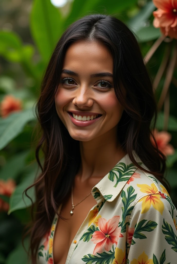 A Brazilian woman in a lush tropical garden, wearing an open shirt with a floral print, with a close-up capturing the harmonious beauty between her breasts and the natural flowers, showing off your natural charm and outgoing personality.