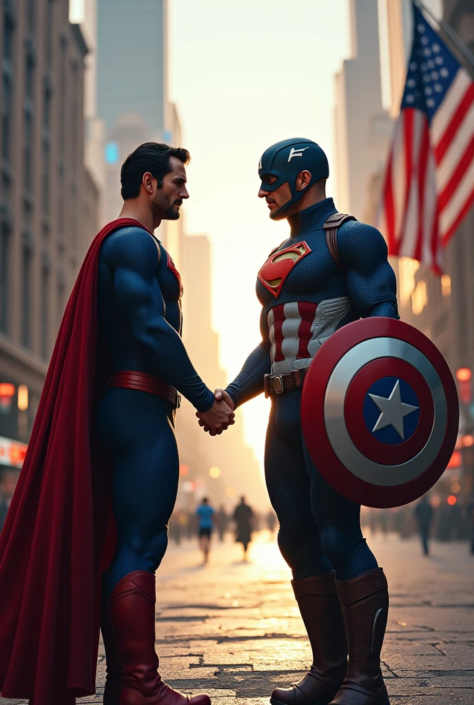 Superman shaking hands with Captain America 
