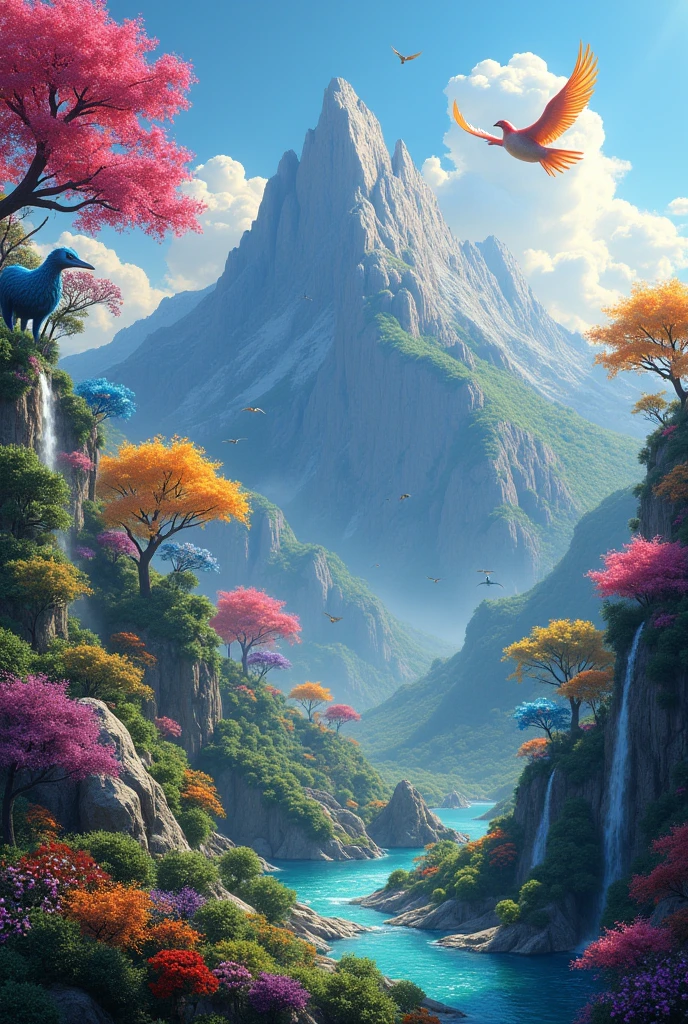 A mountain with trees of different colored animals and giant shiny birds
