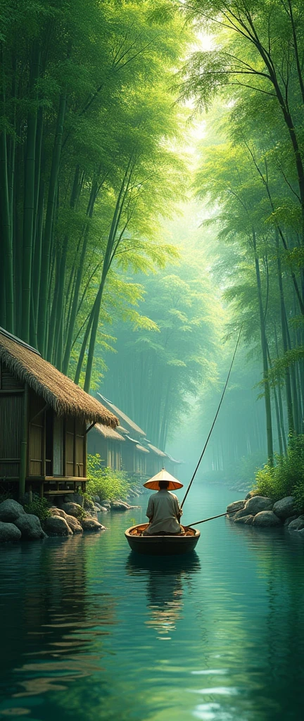 a lush bamboo forest, a tranquil stream running through, a rustic bamboo hut, a fisherman in a small boat, (best quality,4k,8k,highres,masterpiece:1.2),ultra-detailed,(realistic,photorealistic,photo-realistic:1.37),vibrant colors,natural lighting,serene atmosphere,stunning landscape,detailed foliage,reflections in water,traditional asian architecture,weathered bamboo textures,skilled fisherman pose