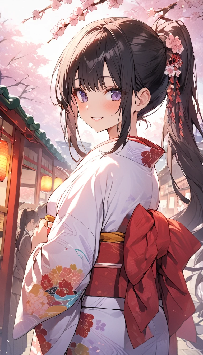 One Woman、beautiful girl、evening、kimono、Beautiful patterned kimono、ponytail、Waraji、School、Back of the school building、spring、cherry blossoms々、はためくcherry blossomsの花びら、Long Hair、Highest quality、Ultra HD、Black Hair、smile、8 heads、White tabi socks、Japanese Umbrella、smile、Cowboy Shot、festival、Many food stalls、Beautiful views、Turn your body forward.