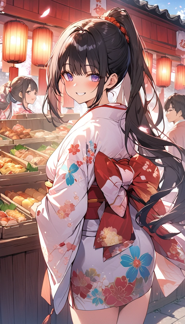 One Woman、beautiful girl、evening、kimono、Beautiful patterned kimono、ponytail、Waraji、School、Back of the school building、spring、cherry blossoms々、はためくcherry blossomsの花びら、Long Hair、Highest quality、Ultra HD、Black Hair、smile、8 heads、White tabi socks、Japanese Umbrella、smile、Cowboy Shot、festival、Many food stalls、Beautiful views、Turn your body forward.