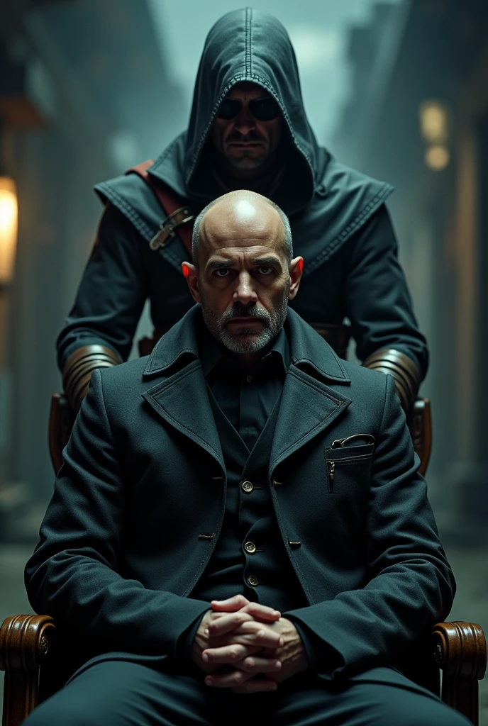 homme chauve asis avec un assassin's creed debout derriere lui 