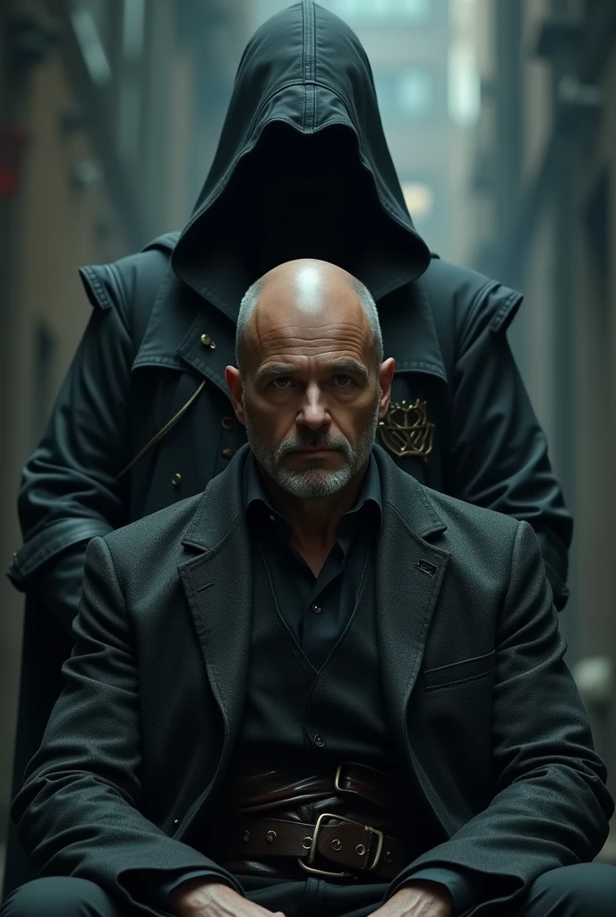 homme chauve asis avec un assassin's creed debout derriere lui