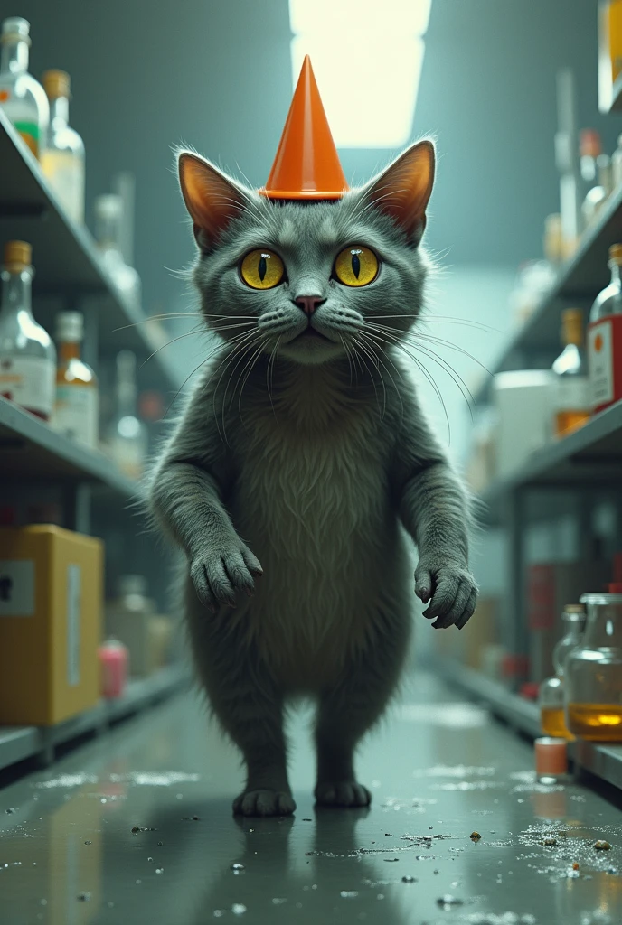 A gray cat with yellow eyes, a bit slimy, an orange cone in Sima's head, Giant ass. make the same cat walking through a laboratory, surprised and confused
