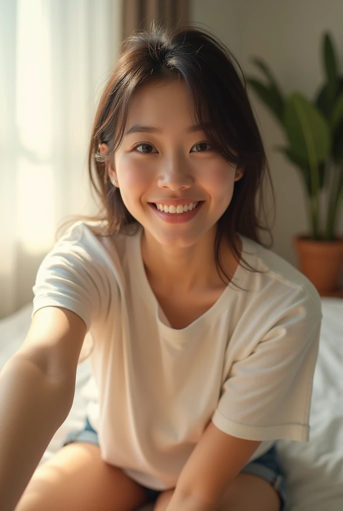 Selfie style。Young Japan woman with fair skin。T-shirt and shorts。Selfie style。Smiling。The background is a bed。Soft morning light。