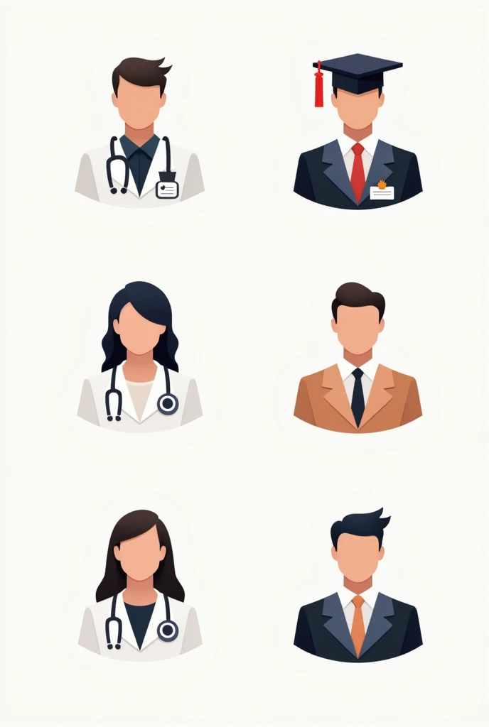 Create 8 icons for a web page, of groups of 3 people, only use 4 colors, add doctors, graduates, lawyers.